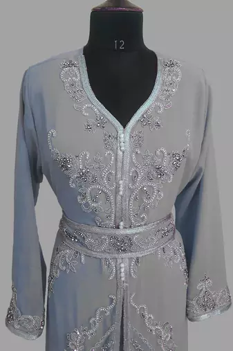 Grey color Handmade Moroccan Kaftan with hijjab