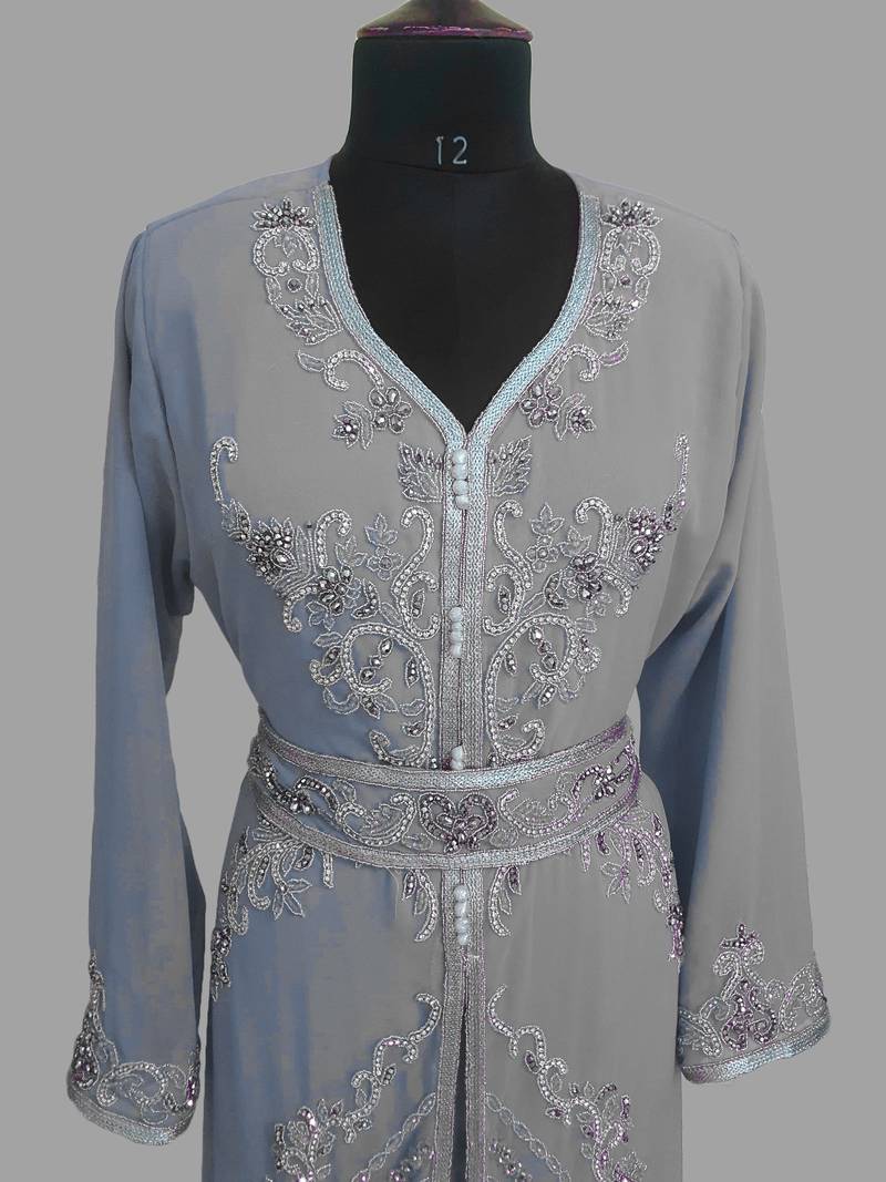 Grey color luxurious Handmade Moroccan Kaftan with hijjab