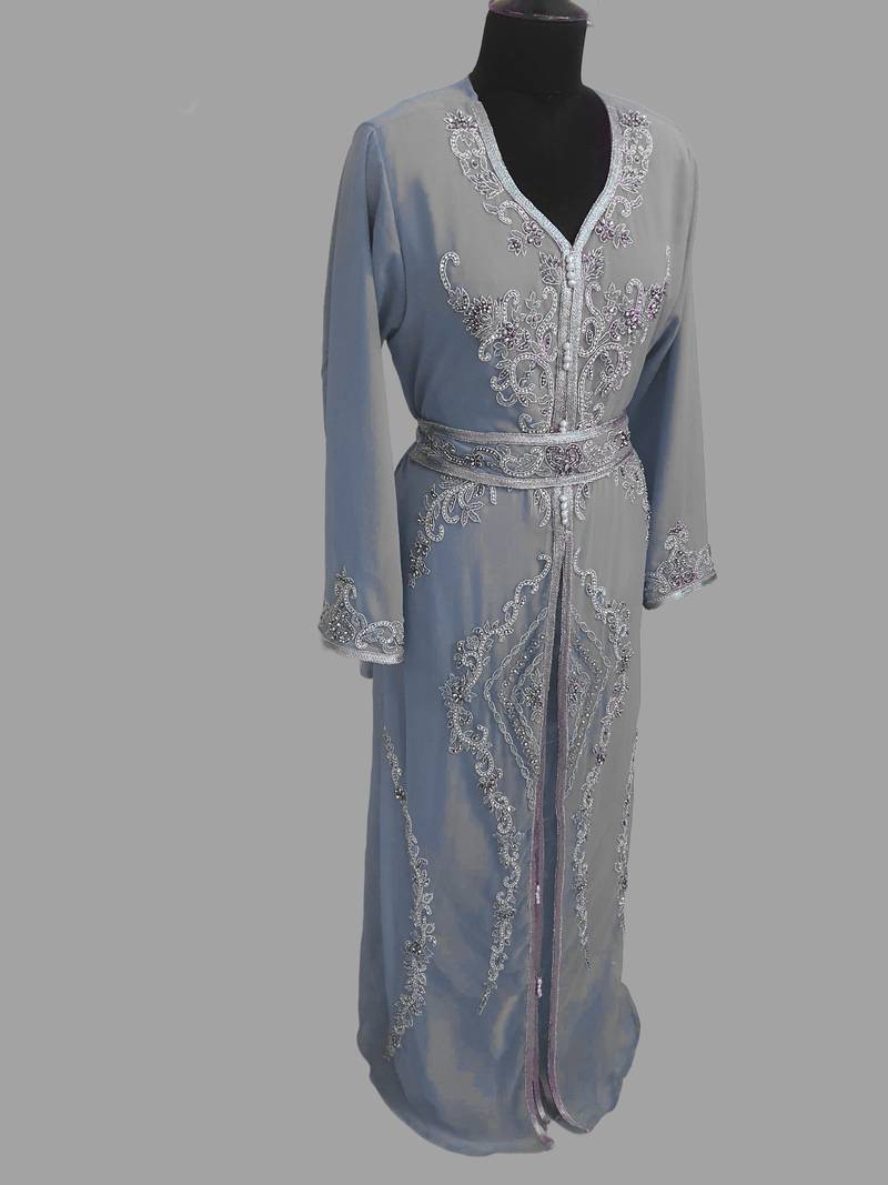 Grey color luxurious Handmade Moroccan Kaftan with hijjab