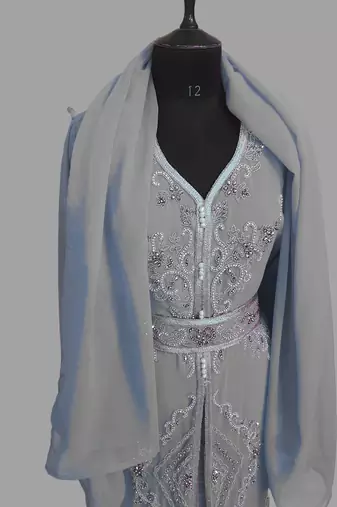 Grey color Handmade Moroccan Kaftan with hijjab