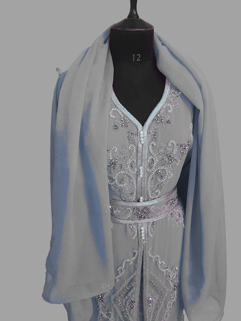 Grey color luxurious Handmade Moroccan Kaftan with hijjab
