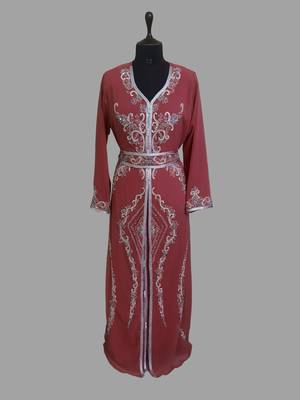 Maroon color Handmade Moroccan Kaftan with hijjab 1