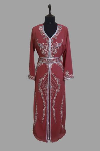 Maroon color luxurious Handmade Moroccan Kaftan with hijjab