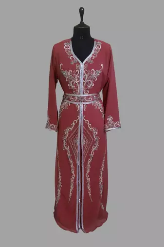Maroon color luxurious Handmade Moroccan Kaftan with hijjab