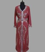 Maroon color luxurious Handmade Moroccan Kaftan with hijjab
