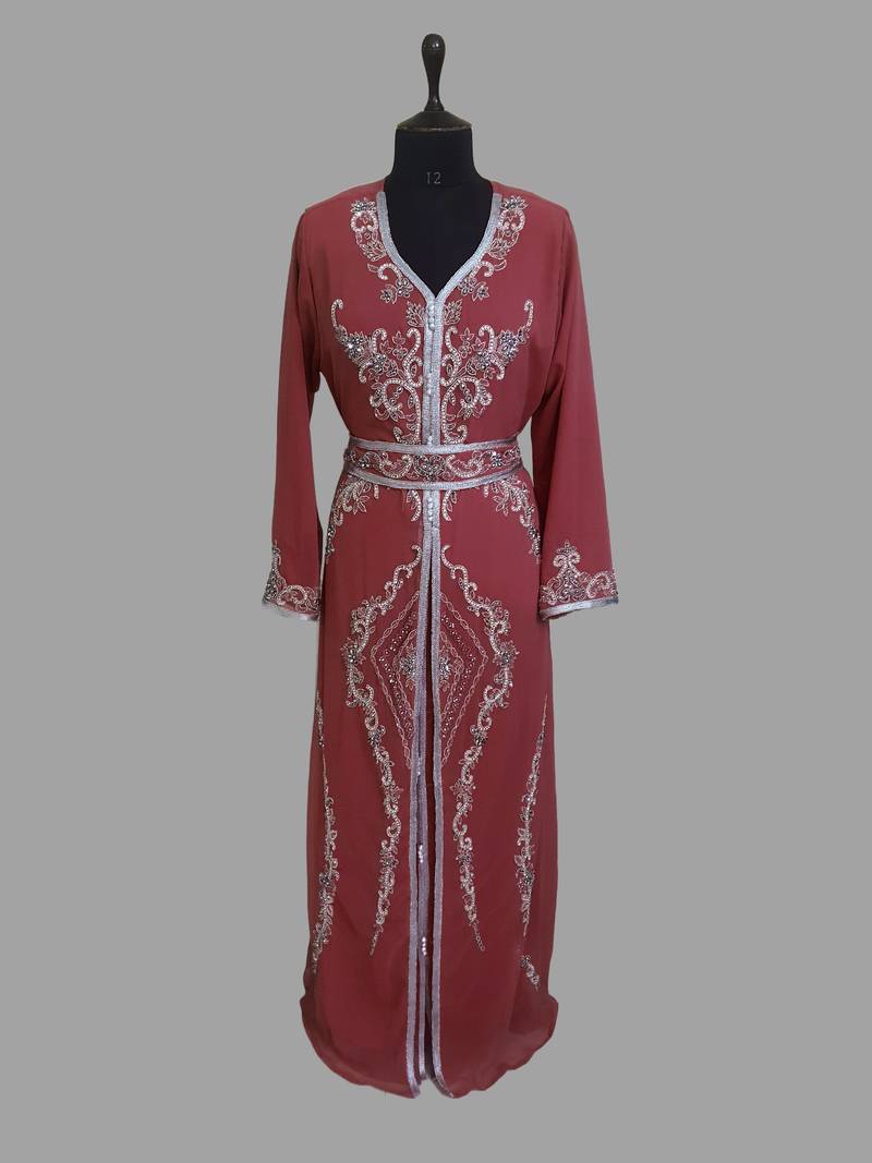 Maroon color luxurious Handmade Moroccan Kaftan with hijjab