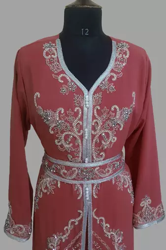 Maroon color Handmade Moroccan Kaftan with hijjab