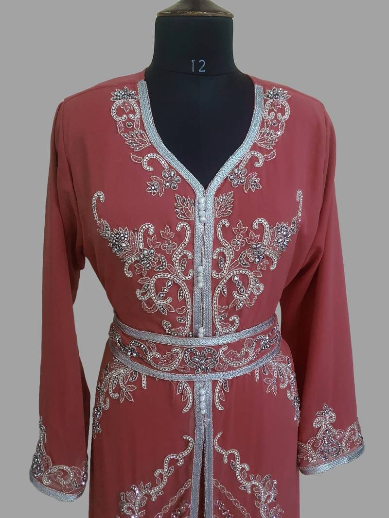 Maroon color luxurious Handmade Moroccan Kaftan with hijjab