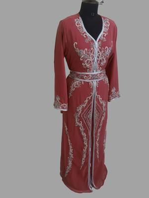 Maroon color Handmade Moroccan Kaftan with hijjab 3
