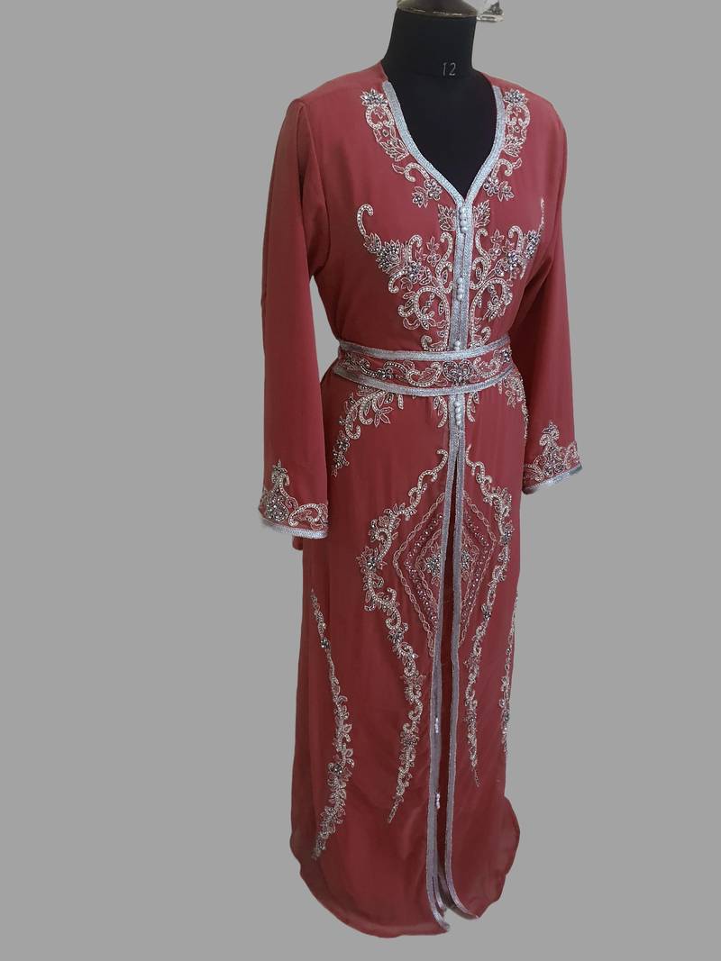 Maroon color luxurious Handmade Moroccan Kaftan with hijjab