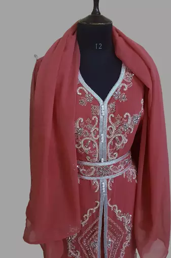 Maroon color Handmade Moroccan Kaftan with hijjab