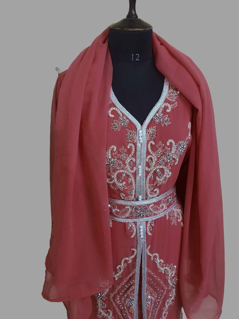 Maroon color luxurious Handmade Moroccan Kaftan with hijjab