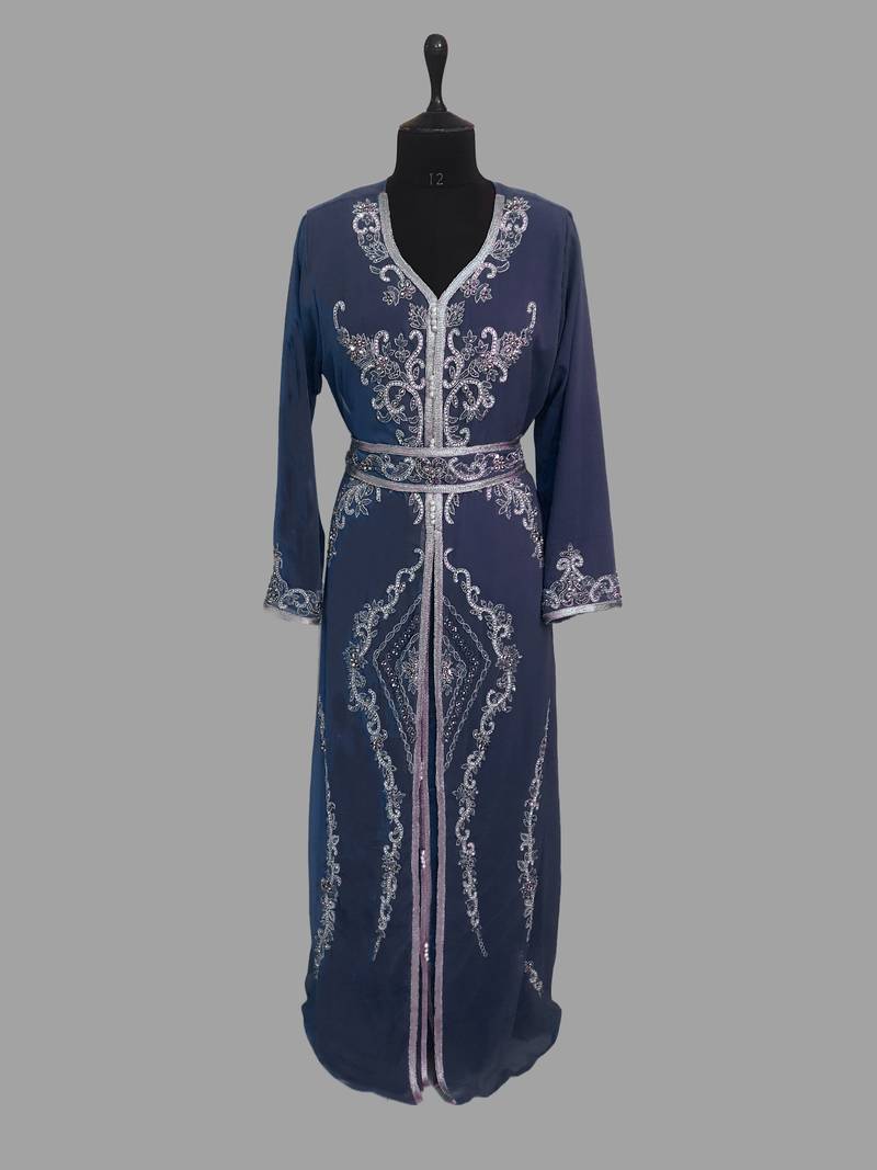 Navy blue color luxurious Handmade Moroccan Kaftan with hijjab