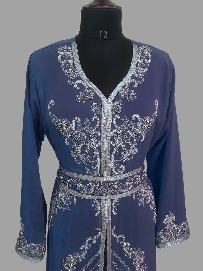 Navy blue color luxurious Handmade Moroccan Kaftan with hijjab