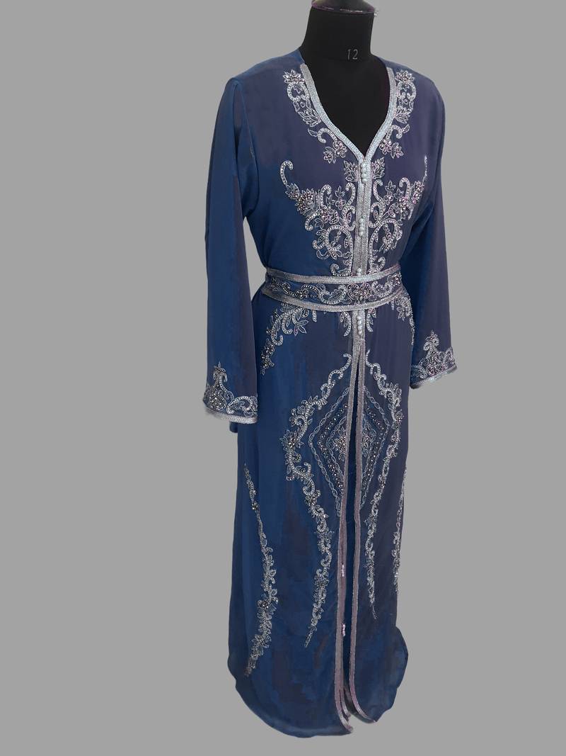 Navy blue color luxurious Handmade Moroccan Kaftan with hijjab