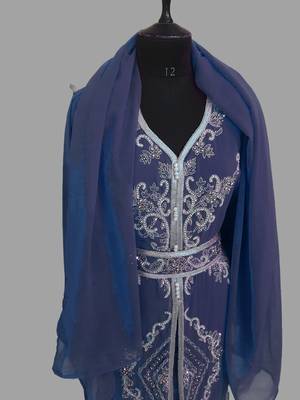 Navy blue color Handmade Moroccan Kaftan with hijjab 4