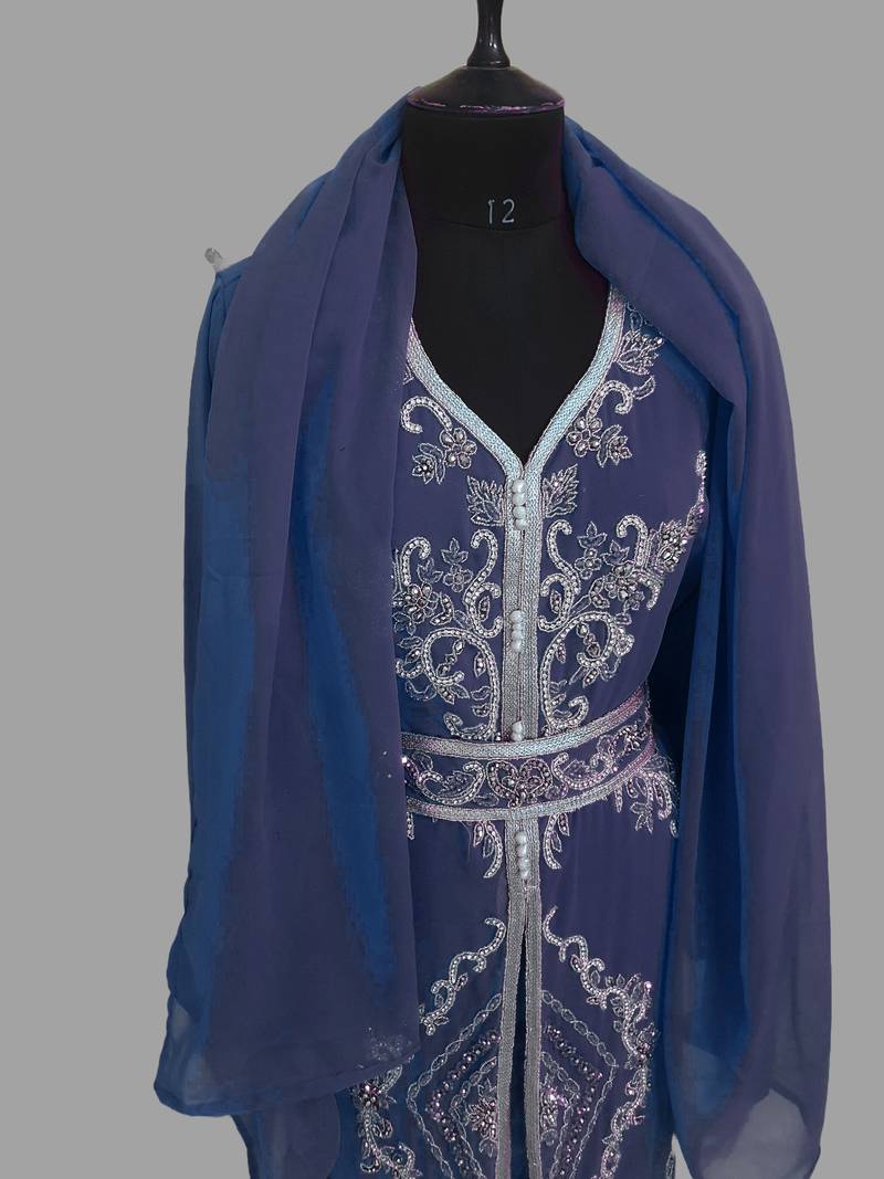 Navy blue color luxurious Handmade Moroccan Kaftan with hijjab