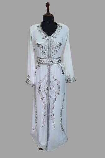 Off-White color luxurious Handmade Moroccan Kaftan with hijjab