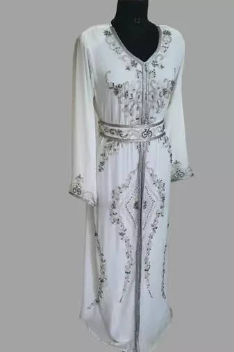 Off-White color Handmade Moroccan Kaftan with hijjab