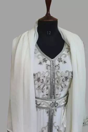 Off-White color Handmade Moroccan Kaftan with hijjab
