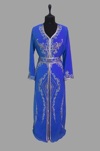 Royal-Blue color luxurious Handmade Moroccan Kaftan with hijjab