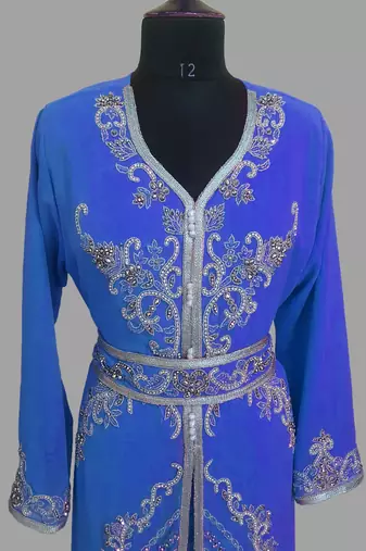 Royal-Blue color Handmade Moroccan Kaftan with hijjab