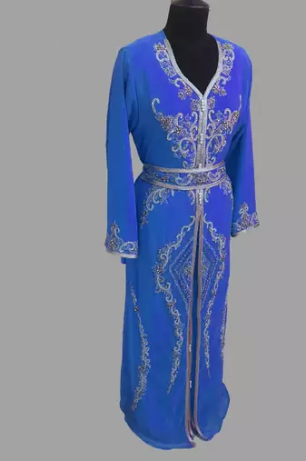 Royal-Blue color Handmade Moroccan Kaftan with hijjab