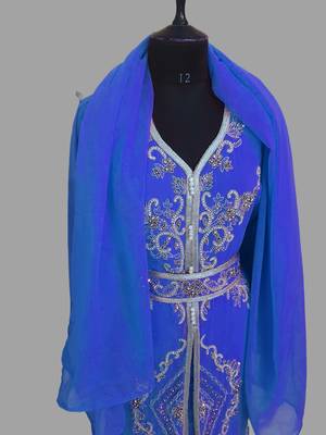 Royal-Blue color Handmade Moroccan Kaftan with hijjab 4