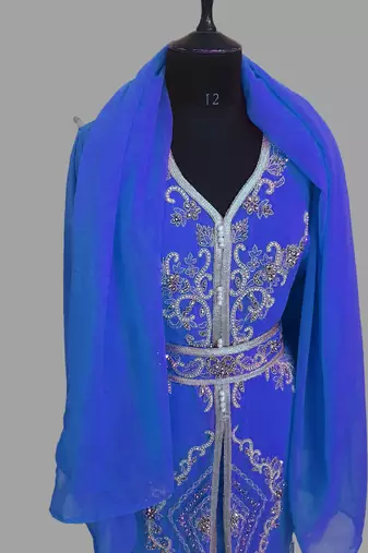 Royal-Blue color Handmade Moroccan Kaftan with hijjab