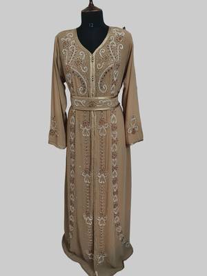 Beige color Handmade Moroccan Kaftan with hijjab 1
