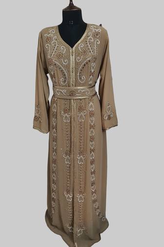 Beige color luxurious Handmade Moroccan Kaftan with hijjab