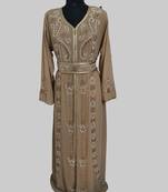Beige color luxurious Handmade Moroccan Kaftan with hijjab