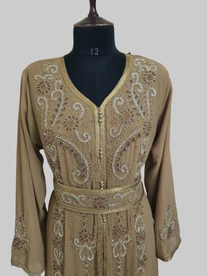 Beige color Handmade Moroccan Kaftan with hijjab 2