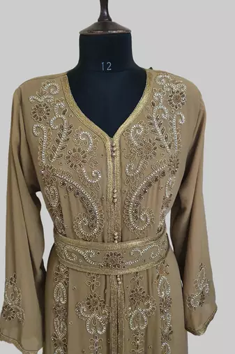 Beige color Handmade Moroccan Kaftan with hijjab