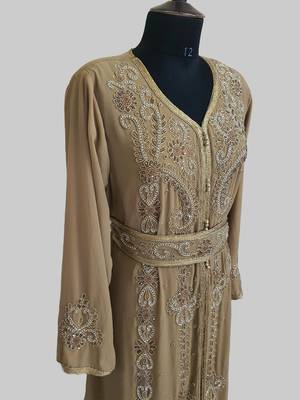 Beige color Handmade Moroccan Kaftan with hijjab 3