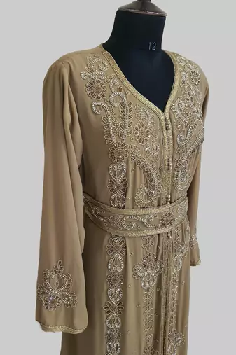 Beige color Handmade Moroccan Kaftan with hijjab