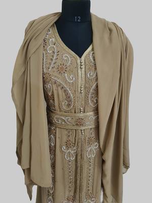 Beige color Handmade Moroccan Kaftan with hijjab 5