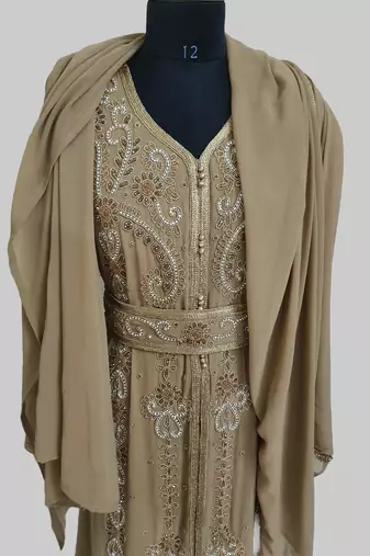 Beige color Handmade Moroccan Kaftan with hijjab