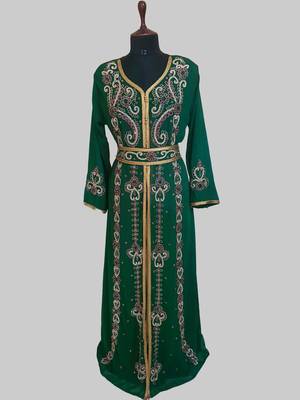Dark-Green color Handmade Moroccan Kaftan with hijjab 1