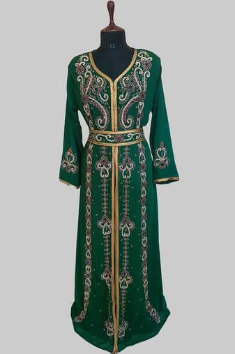 Dark-Green color luxurious Handmade Moroccan Kaftan with hijjab