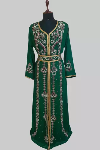Dark-Green color luxurious Handmade Moroccan Kaftan with hijjab
