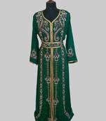 Dark-Green color luxurious Handmade Moroccan Kaftan with hijjab