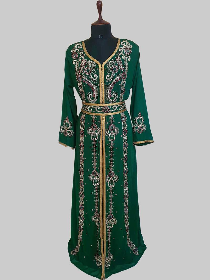 Dark-Green color luxurious Handmade Moroccan Kaftan with hijjab