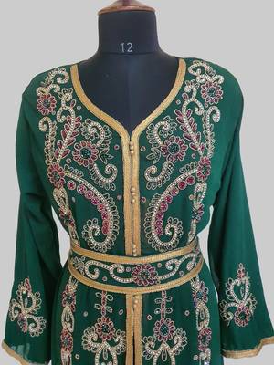 Dark-Green color Handmade Moroccan Kaftan with hijjab 2