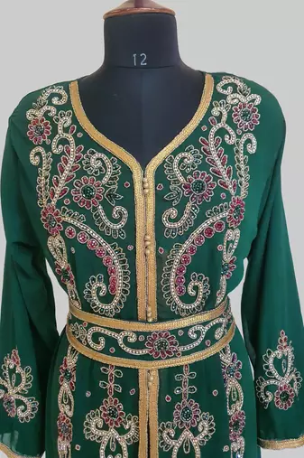 Dark-Green color Handmade Moroccan Kaftan with hijjab