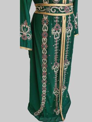 Dark-Green color Handmade Moroccan Kaftan with hijjab 3
