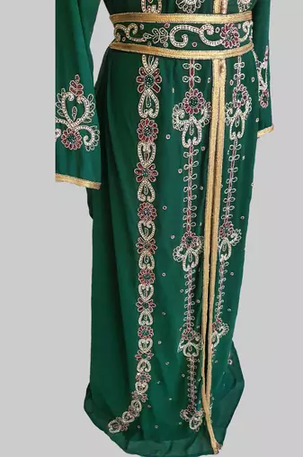 Dark-Green color Handmade Moroccan Kaftan with hijjab