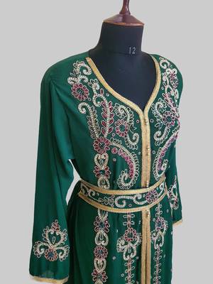 Dark-Green color Handmade Moroccan Kaftan with hijjab 4