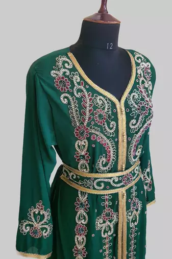 Dark-Green color Handmade Moroccan Kaftan with hijjab