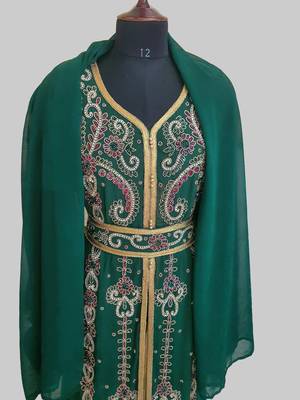 Dark-Green color Handmade Moroccan Kaftan with hijjab 5